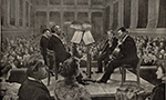 A grayscale painting depicting the string quartet of the Romantic composer Joseph Joachim performing in a crowded chamber music hall. On stage, the four members (Carl Halir, Emanuel Wirth, Joseph Joachim, Robert Hausmann) are positioned, each with their instrument (two violins, one viola, and one cello), in front of a music stand with scores.