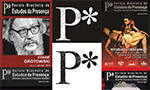 Photomontage of four issues of the “Brazilian Journal of Presence Studies”, showing different covers with different themes and people. In the center, there is a vertical column with three stylized “P*” logos; the logos at the ends are black, while the central logo is white.