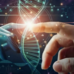 Image of a human hand touching the index finger of a robot. The joining of the fingers forms a light and a shape that resembles the shape of DNA.