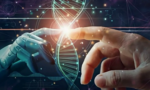 Image of a human hand touching the index finger of a robot. The joining of the fingers forms a light and a shape that resembles the shape of DNA.