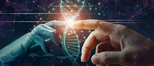 Image of a human hand touching the index finger of a robot. The joining of the fingers forms a light and a shape that resembles the shape of DNA. Image of a human hand touching the index finger of a robot. The joining of the fingers forms a light and a shape that resembles the shape of DNA.