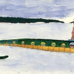 An invitation to the debate on the amazonian philosophy Painting depicting a stylized, serpent-shaped vessel carrying a human figure.