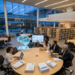 Well-prepared self-assessment reports are strategic in the management of Higher Education Institutions (HEIs) The image depicts a business meeting in a modern setting, featuring a holographic representation of a brain.