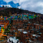 Photograph of a city with many colorful buildings.
