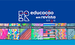 Fotomontaje con las portadas de varias ediciones de "Educação em Revista" sobre un fondo azul dividido en dos partes: la superior en azul oscuro y la inferior en azul claro. El logo de la revista está posicionado justo encima de las portadas.