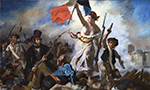 Reproducción del cuadro "La Libertad guiando al pueblo" de Eugène Delacroix que muestra una pila de cadáveres, coronada por la bandera azul, blanca y roja de Francia que ondea orgullosa en el aire. La porta la figura de la Libertad en forma de mujer.