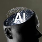 Ilustración de una cabeza abierta. En lugar del cerebro, aparece la palabra "IA" en medio de un torbellino de luces centelleantes.