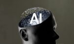 Ilustración de una cabeza abierta. En lugar del cerebro, aparece la palabra "IA" en medio de un torbellino de luces centelleantes.