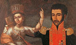 Óleo sobre tela. Símon Bolívar do lado direito com traje militar, cor vermelha e preto, bigode e barba. Olhar sereno. Figura feminina do lado esquerdo, roupa cinza e laranja, com chapéu. Rosto tranquilo. Fundo escuro.