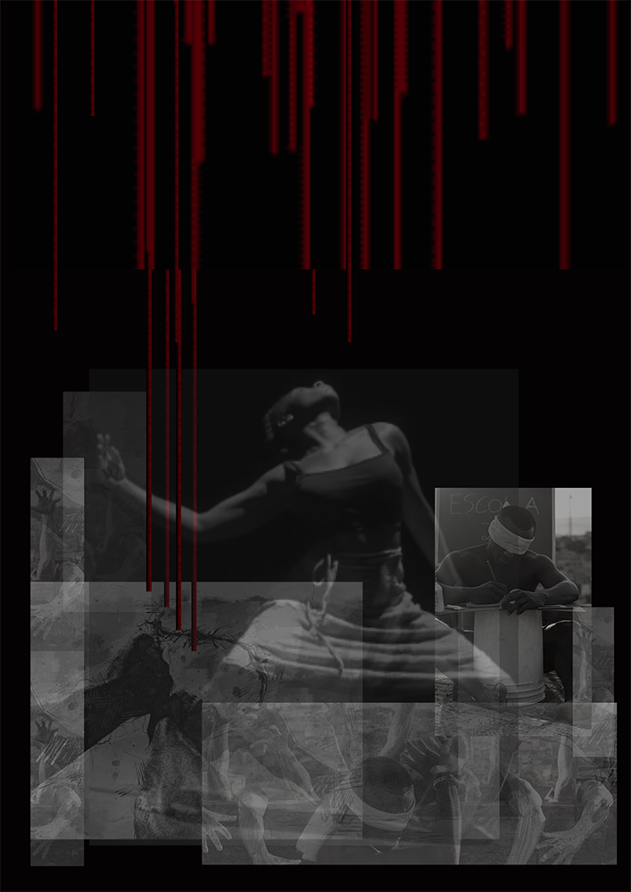 Uma colagem de imagens: fundo escuro, linhas vermelhas "escorrendo" do topo da imagem, uma mulher negra performando, sobrepostas estão imagens um pouco ofuscadas de homens negros vendados com um pano branco e/ou algemadas.