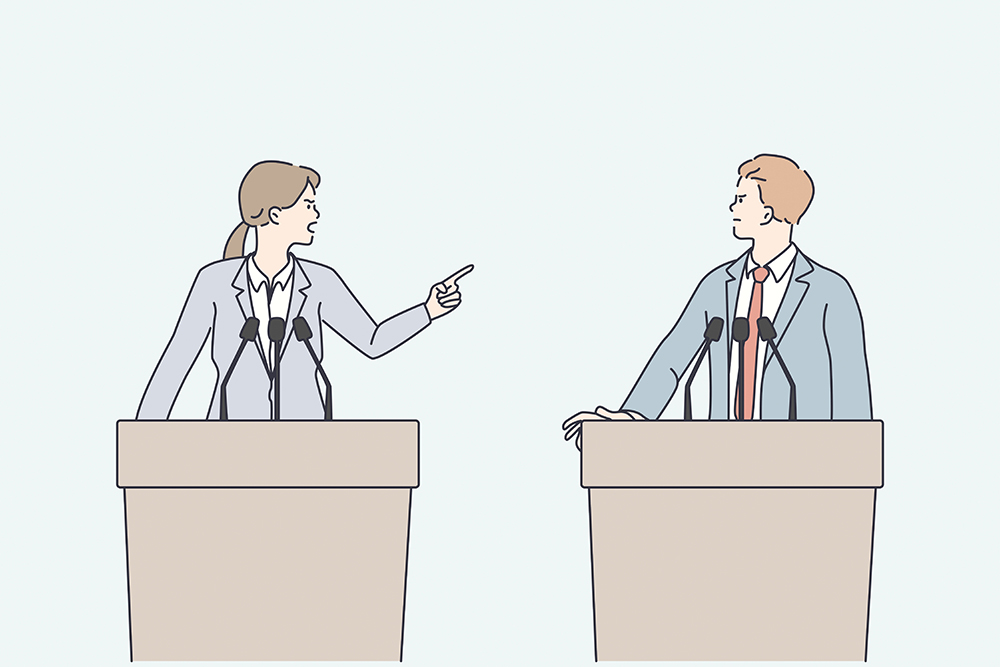 Dois políticos jovens, uma mulher e um homem, discutem na tribuna.