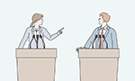 Ilustração mostrando dois políticos jovens, uma mulher e um homem, discutindo na tribuna.
