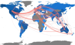 Mapa-múndi com rede de colaboração entre países