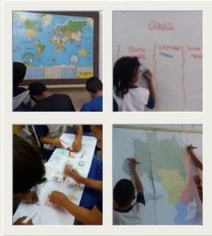 Montagem com quatro fotos mostrando crianças fazendo atividades com mapas na escola