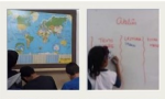 Montagem com quatro fotos mostrando crianças fazendo atividades com mapas na escola
