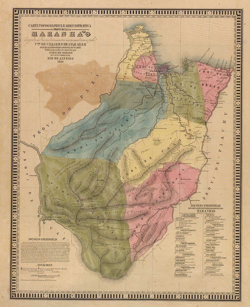 Mapa antigo da província do Maranhão. Página amarelada e regiões do território coloridas nos tons amarelo, azul, verde, rosa. No canto superior esquerdo, o título do mapa. Caixa de texto no canto inferior esquerdo e no canto inferior direito.