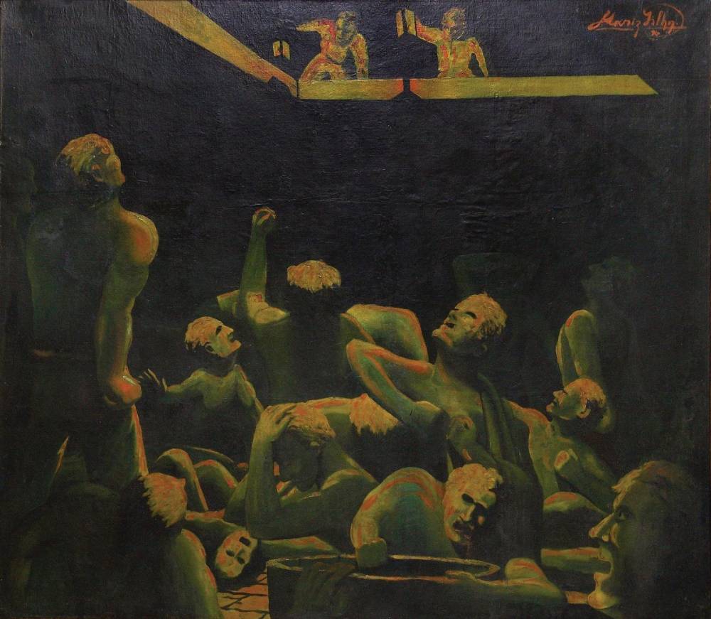 Imagem de uma pintura "A Tragédia do Brigue Palhaço" a óleo onde pessoas estão presas dentro de um calabouço