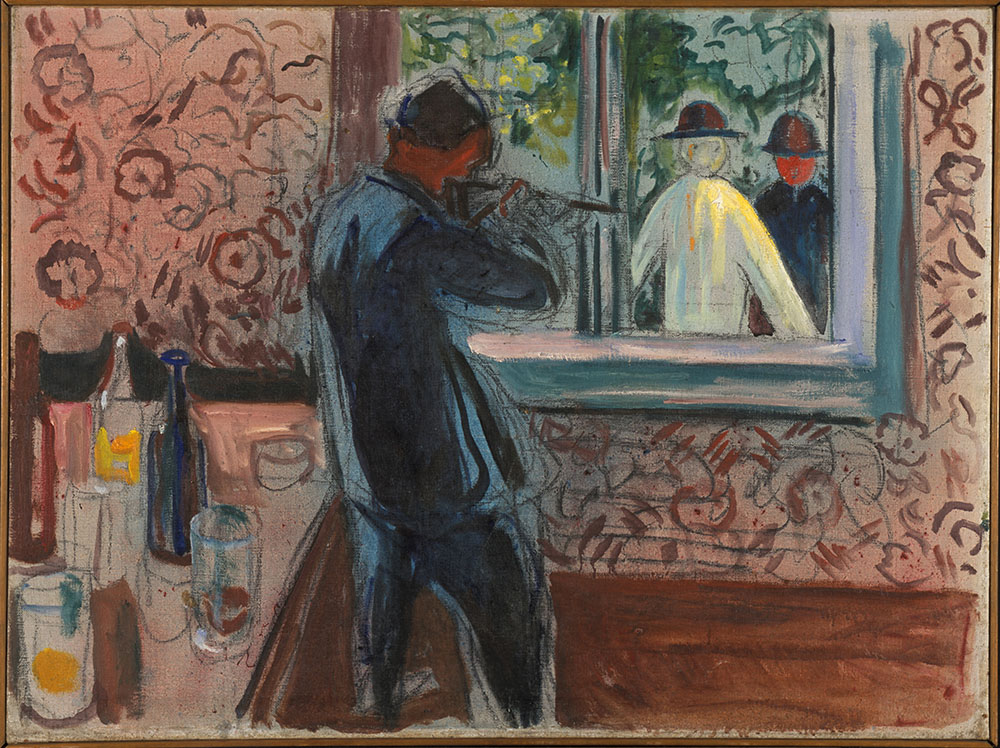 Pintura em formato retangular na vertical. Uma pessoa dentro de casa aponta uma arma pela janela. Do lado de fora, duas pessoas usando chapéu. A pessoa dentro da casa usa roupas escuras e ao seu lado tem uma mesa com garrafas e copos.