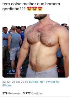 Twitter Print. Text says "is there anything better than a chubby man???" and three emojis with heart eyes. Body photo of a white man with no shirt. In the background people talking.