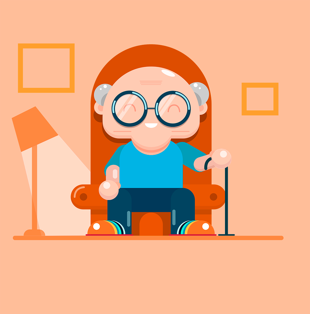 Ilustração vetorial de um senhor feliz sentado na poltrona e segurando uma bengala. Do lado uma luminária e no fundo dois quadros. Tons de laranja e azul.