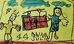 Foto: desenho de criança feito com giz. Duas pessoas em pé, uma feliz e a outra triste. Um objeto marrom entre elas. Nuvens azuis e fundo verde. Assinado por “Anna Julia”.