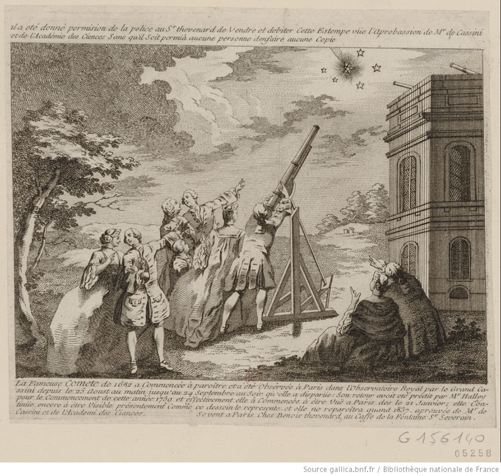 Quadro do século XVII em tons de sépia. Um grupo de pessoas está ao redor de um telescópio. Elas usam roupas típicas da época. No céu, um cometa rodeado por cinco estrelas.