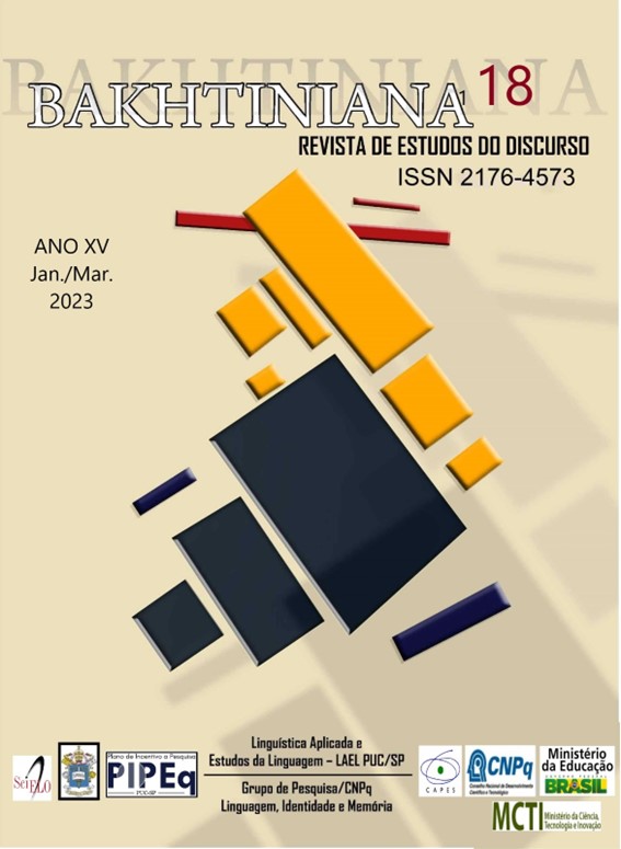 Capa do periódico Baktiniana Revista de Estudos do Discurso, vol 18. Ano XV, Jan./Mar. 2023. Arte abstrata com retângulos.