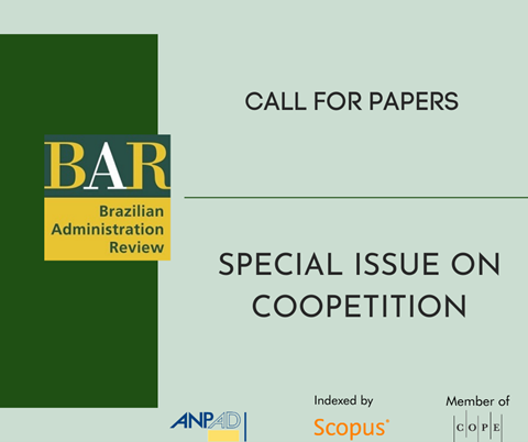Imagem de divulgação do periódico Brazilian Administration Review. Call for papers. Special issue on Coopetition. Logo da ANPAD. Indexed by Scopus. Member of COPE.