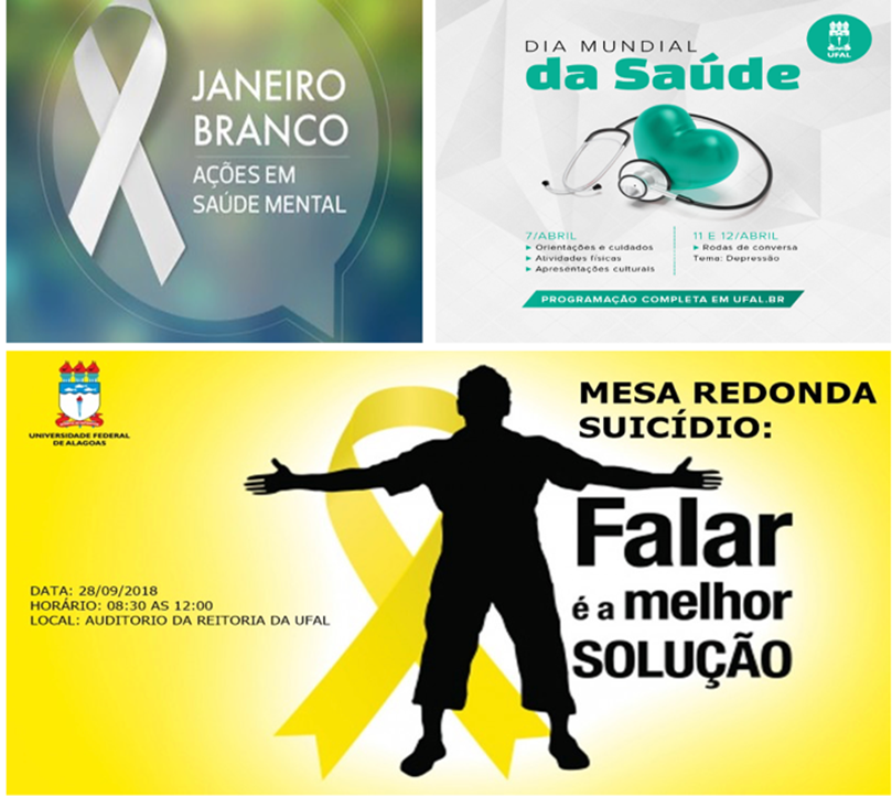 Fotomontagem de campanhas, promovidas pela UFAL, em prol da saúde mental e prevenção ao suicídio.
