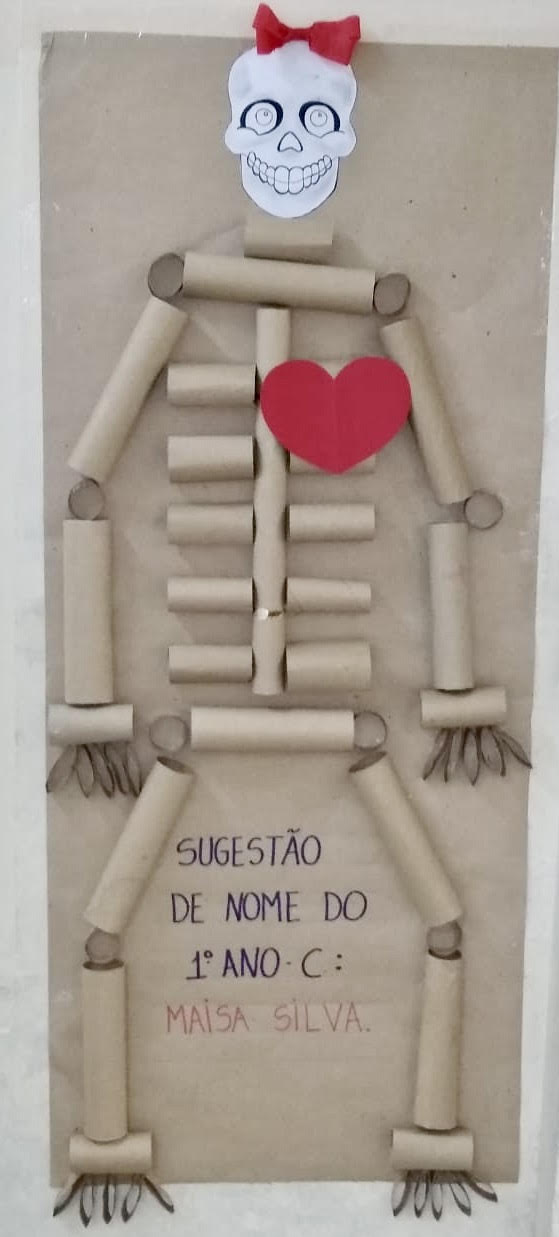 Esqueleto feito de rolos de papel higiênico, criado por alunos em uma atividade em sala de aula.