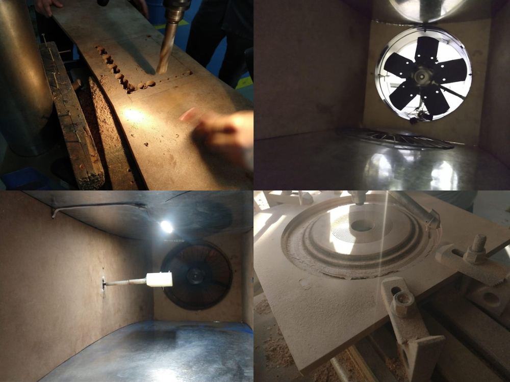 Fotomontagem com quatro diferentes imagens do processo de construção do túnel de vento do projeto.