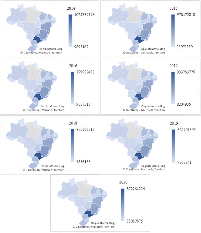 Gráficos de mapa mostrando a distribuição dos recursos do PNAE para os estados brasileiros entre os anos de 2014-2020.