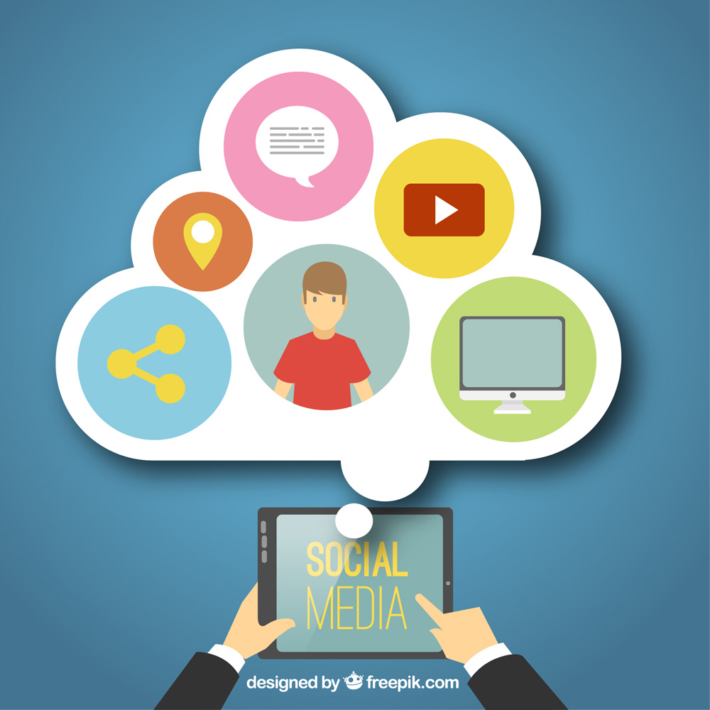 Imagem vetorial das mãos de uma pessoa segurando um tablet cuja tela exibe a palavra "Social Media". Acima do tablet, há uma nuvem contendo seis ícones relacionados ao universo das mídias sociais.