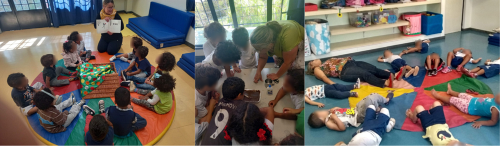 Fotomontagem com três fotos de crianças participando de atividades educacionais em sala de aula, orientadas pela professora