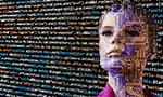 Imagem gráfica de um rosto humanoide parcialmente coberto por padrões de placas de circuito justaposto a um fundo de código multicolorido em uma tela preta.