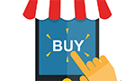 Ilustração de um smartphone com toldo listrado no topo exibindo a palavra "BUY" (comprar, em português) na tela. Uma mão aponta para a tela, sugerindo uma compra online.