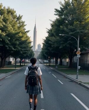 Ilustração digital de uma estudante de uniforme escolar e mochila nas costas caminhando pela rua