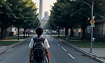 Ilustração digital de uma estudante de uniforme escolar e mochila nas costas caminhando pela rua