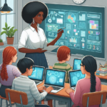 Imagem digital de uma sala de aula, com uma professora ao lado do quadro e estudantes com laptops, destacando a tecnologia no aprendizado em sala de aula.