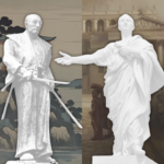 Montagem gráfica com as estátuas de Miyamoto Musashi (localizada no Parque Musashizuka, em Kumamoto, Japão) e Marco Túlio Cícero (Palácio da Justiça, em Roma, Itália).