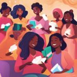 Imagem, gerada por Inteligência Artificial, de diversas mulheres sorrindo e segurando absorventes.